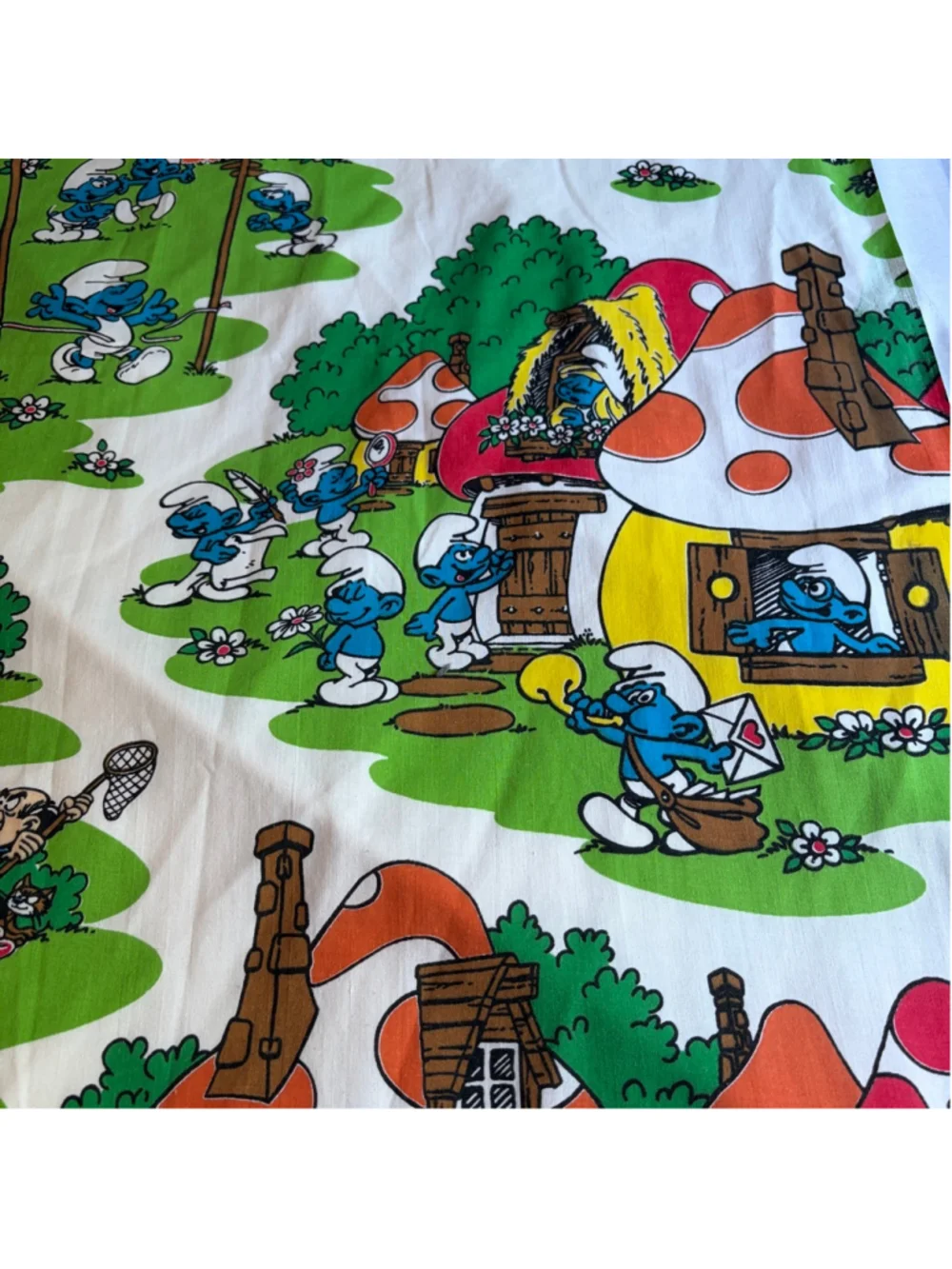 Vintage Smurfs Double Flat Bed Sheet Gargamel Smurfette Papa White Green Fabric